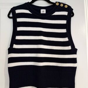 CAbi Navy and White Striped Sleeveless Knit Sweater Vest with Gold Buttons